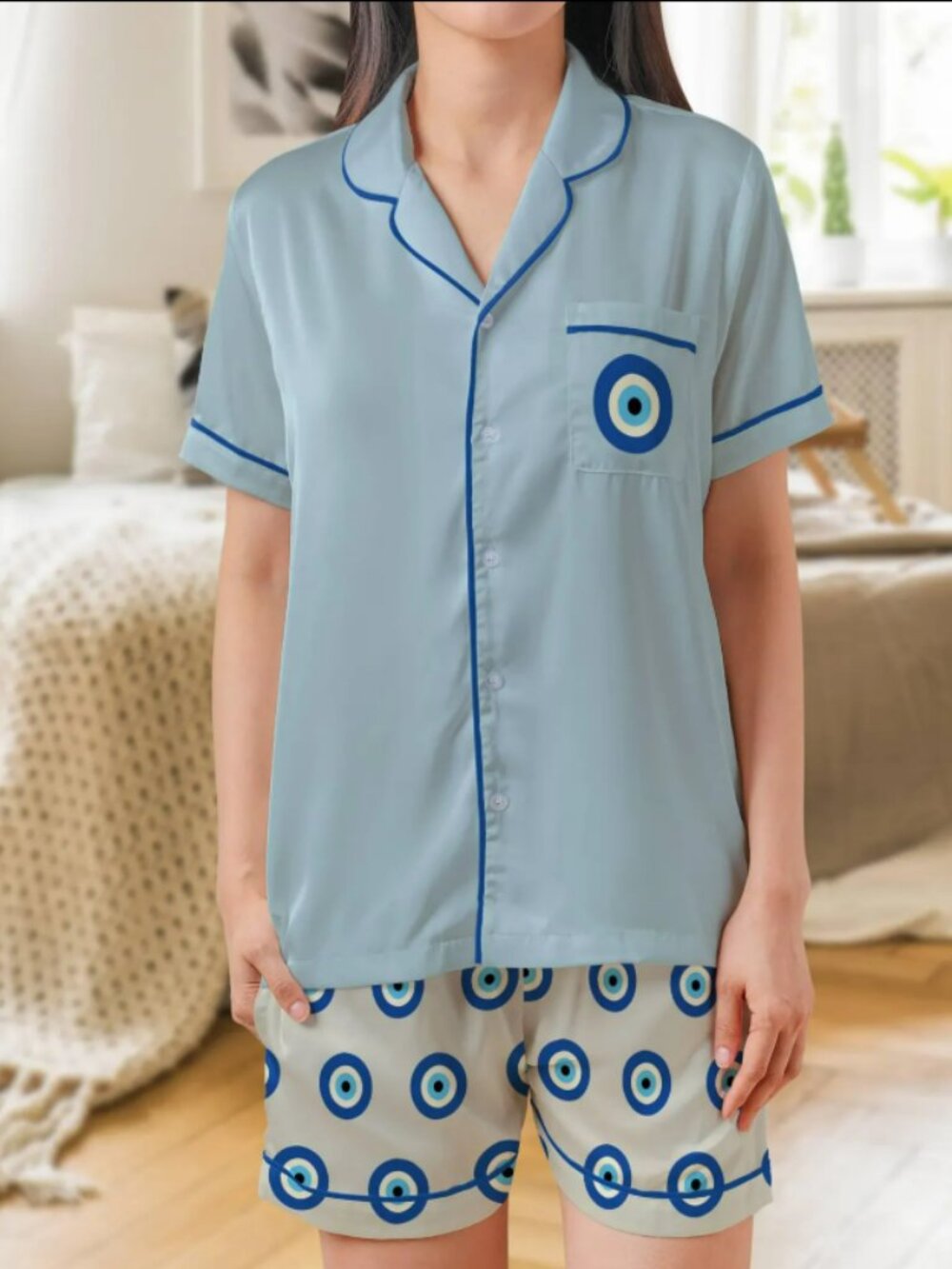 Evil Eye Satin Pajama Set: Short Sleeve Women's Sleepwear